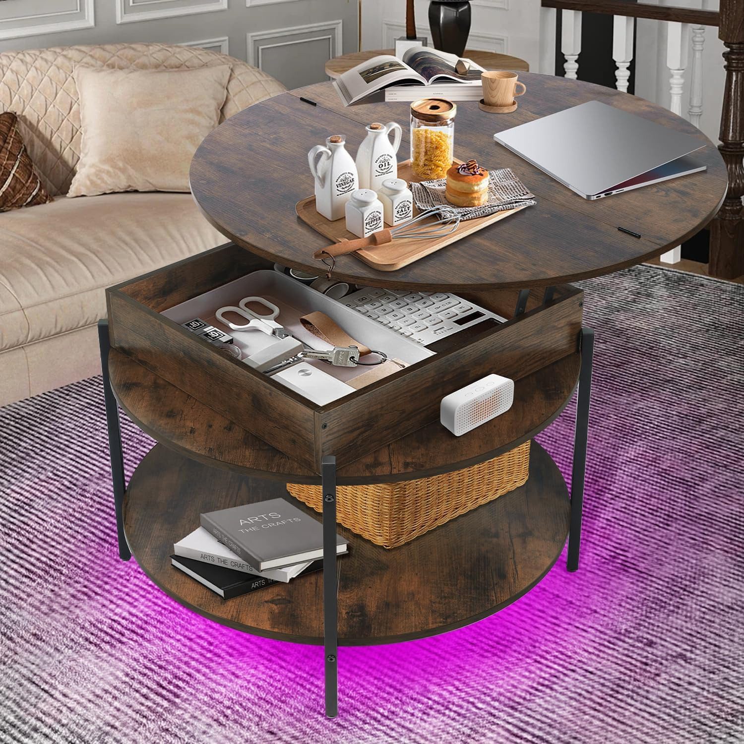 Round Lift Top Coffee Table with LED light